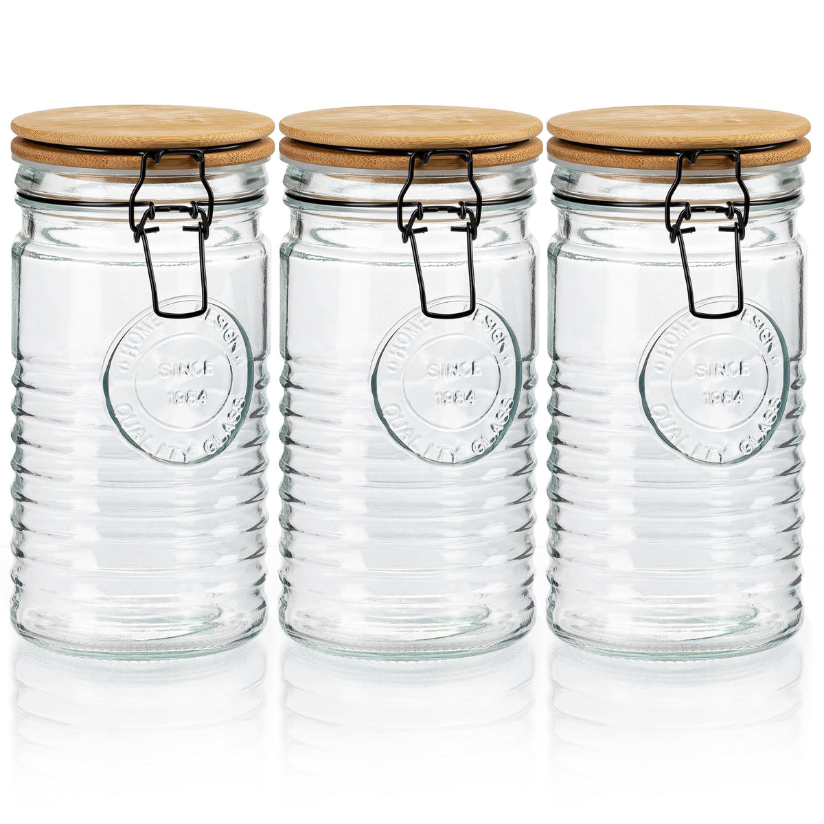 kitchentoolz Tall Glass Pasta Storage Containers with Airtight Clasp Lids - Set of 3 Glass Spaghetti Storage Containers for - 56 Ounce Pantry Organizing Canister Set - 9.75 Inch Tall