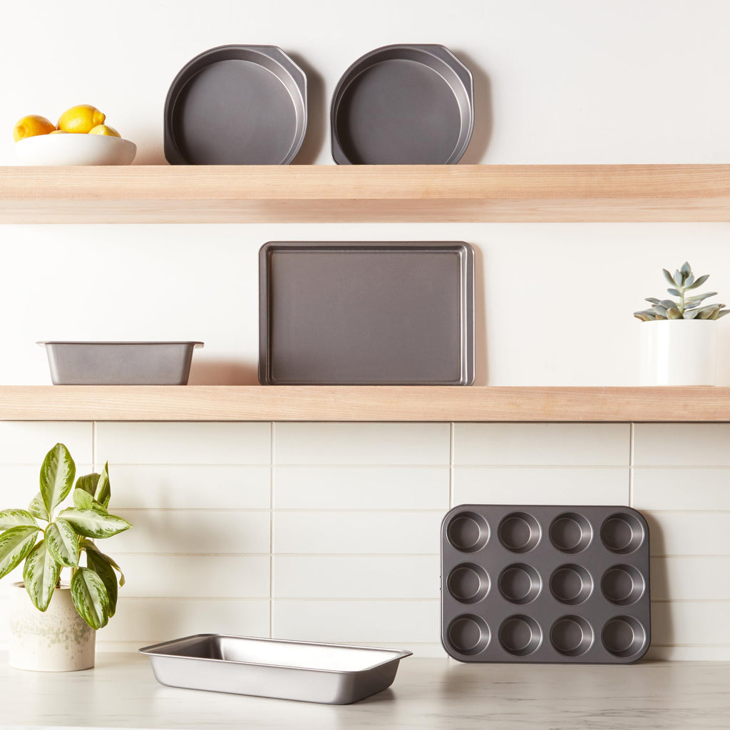6 Piece Nonstick Carbon Steel Bakeware Set with Cake, Muffin, Cookie, and Loaf Pans, Easy Release, Oven Safe, 16.25 x 11.75 x 6.25 inches