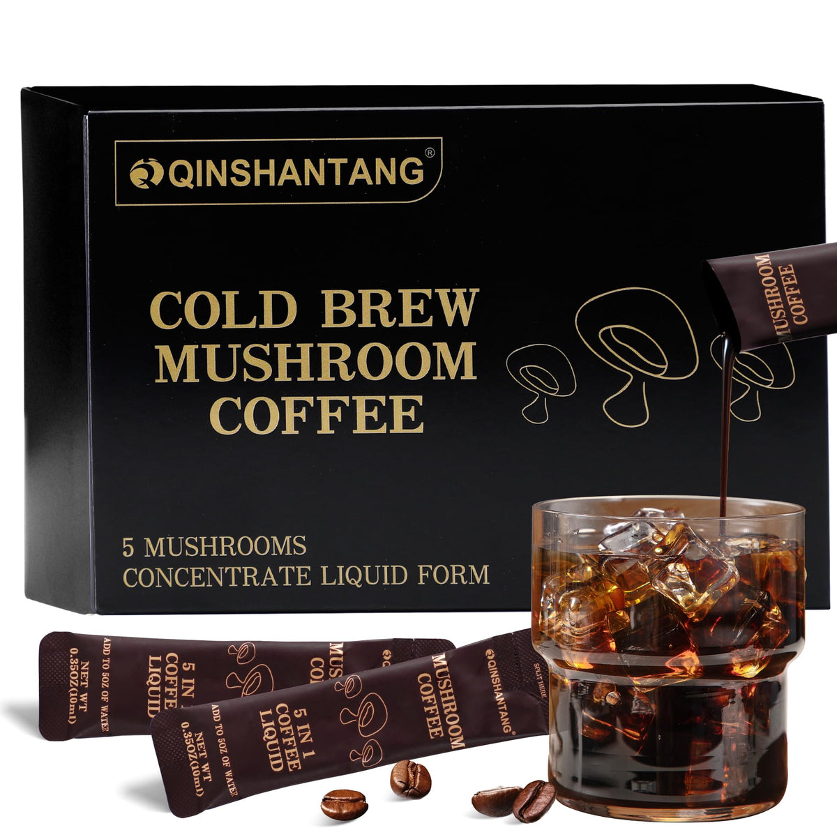 Cold Brew Mushroom Coffee, 15 Packets, Coffee Concentrate Liquid with 5 Adaptogenic Mushrooms, 100% Arabica Bean Extract for Immunity - Sugar Free, Keto, Vegan