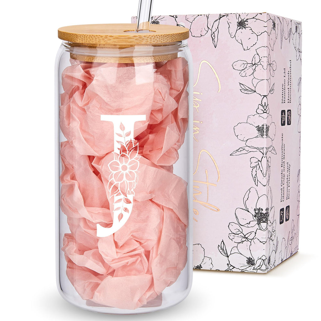 Personalized Gifts for Women, Monogrammed Glass Cups with Lids and Straws, Custom Tumbler, Cute Customized Mug, Aesthetic Stuff, Initial Iced Coffee Cup, Drinking Glasses, Birthday Teacher Gifts, J