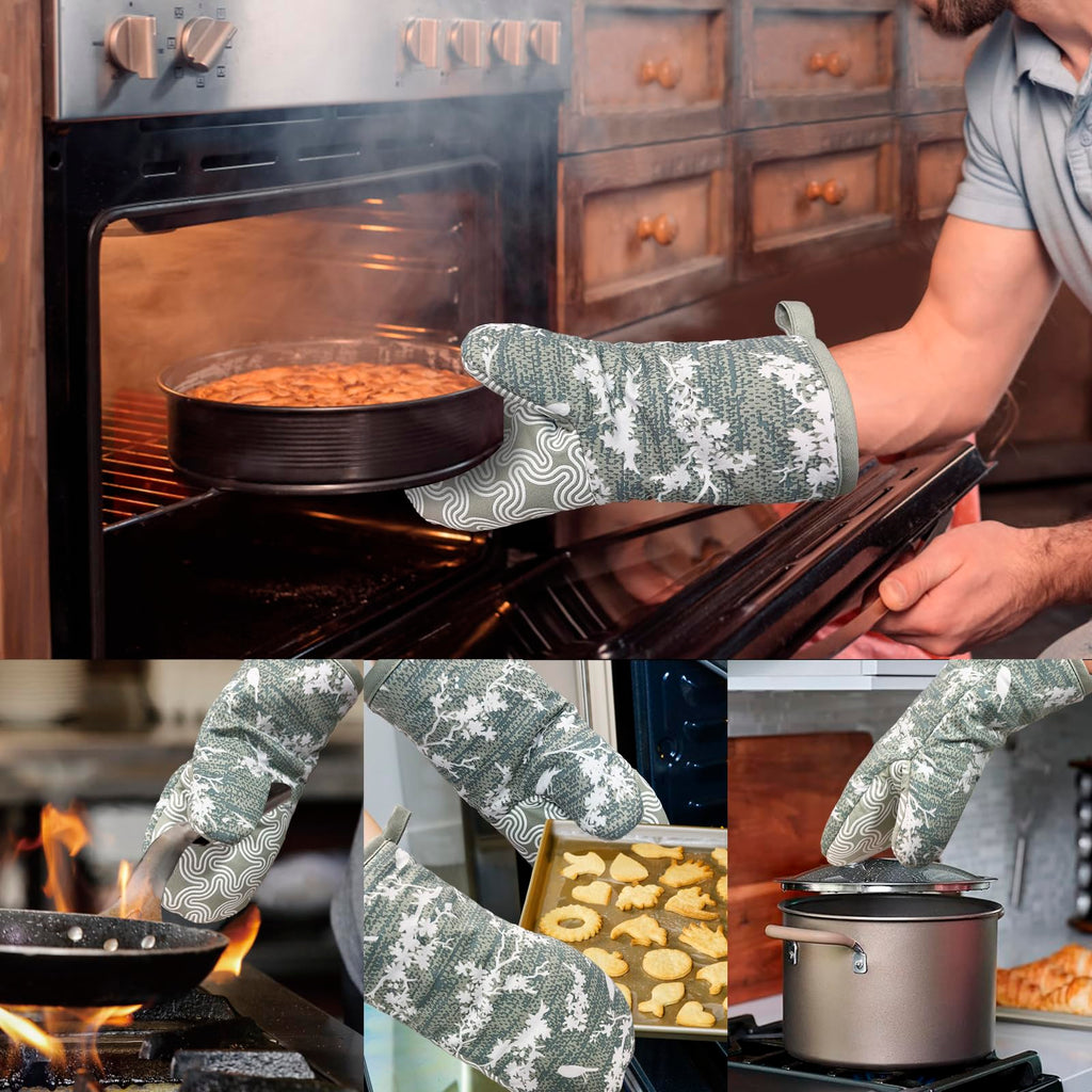 Alselo Thumb Oven Mitts, Heat and Slip Resistant Silicone Kitchen Mittens 2-Pack Set, Aqua Birds Soft Long Oven Gloves, Flexible Thick Potholders for Safe Baking Cooking and Grilling (Aqua)