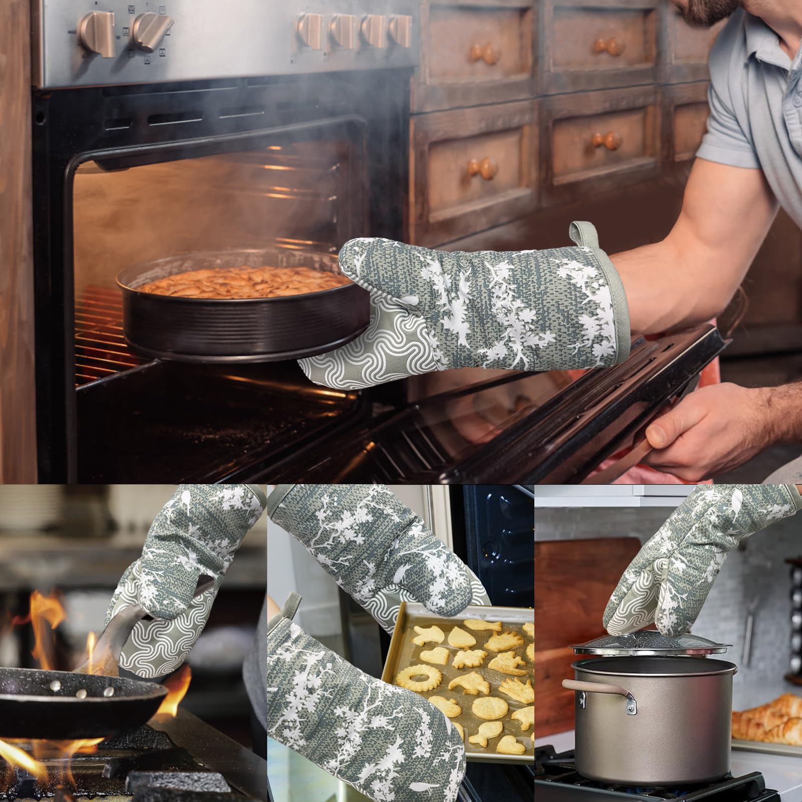 Alselo Thumb Oven Mitts, Heat and Slip Resistant Silicone Kitchen Mittens 2-Pack Set, Aqua Birds Soft Long Oven Gloves, Flexible Thick Potholders for Safe Baking Cooking and Grilling (Aqua)
