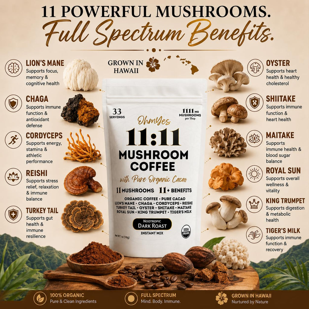 OhmYes Mocha Mushroom Coffee with Pure Cacao | Organic Mushroom Coffee, 11-Mushroom Blend (Lion’s Mane, Reishi, Chaga, Cordyceps) | Organic Instant Coffee, Cocoa Flavanols | Unsweetened | 7oz