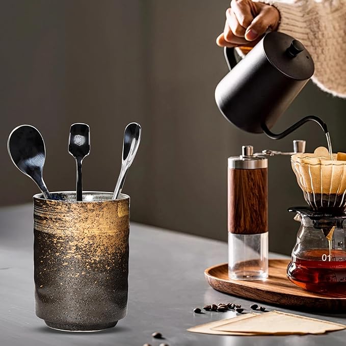 Ceramic Spoon Holder for Coffee Bar, Upright Tea Spoon Holder Cup, Coffee Stirrers Straws Stir Stick Holder, Frost on Brown Earth