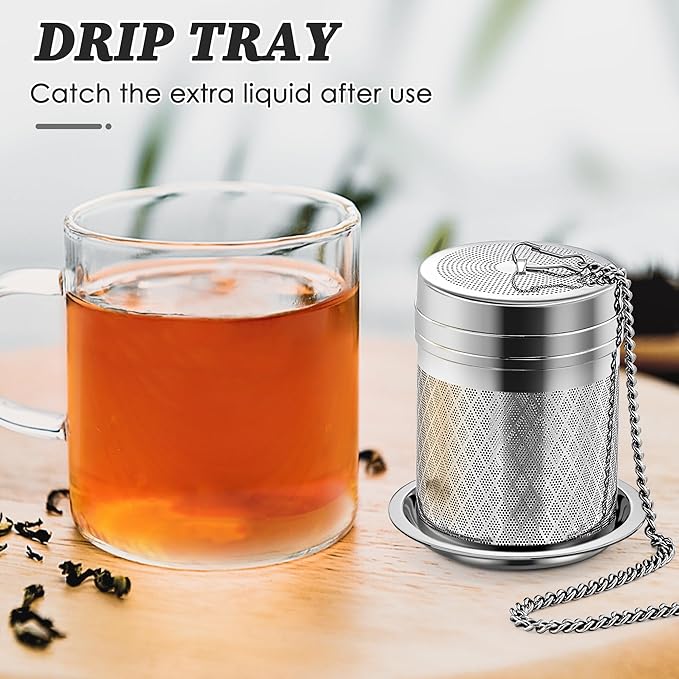 Tea Infusers for Loose Tea, 2 Pack Extra Fine Mesh Tea Strainers, 18/8 Stainless Steel Loose Leaf Tea Steeper Tea Diffusers with Extended Chain Hook and Drip Tray