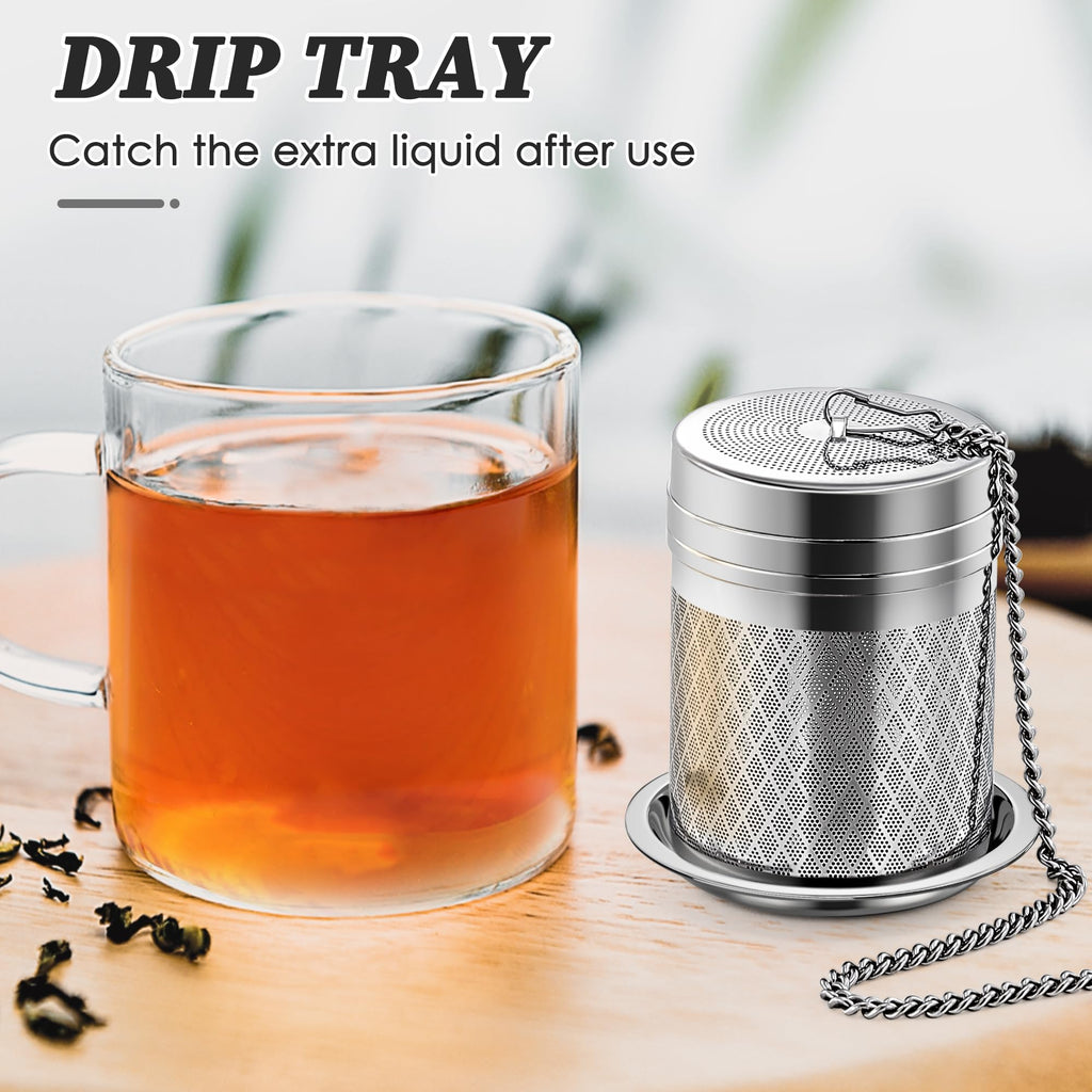 Yoassi Tea Infusers for Loose Tea, 2 Pack Extra Fine Mesh Tea Strainers, 18/8 Stainless Steel Loose Leaf Tea Steeper Tea Diffusers with Extended Chain Hook and Drip Tray