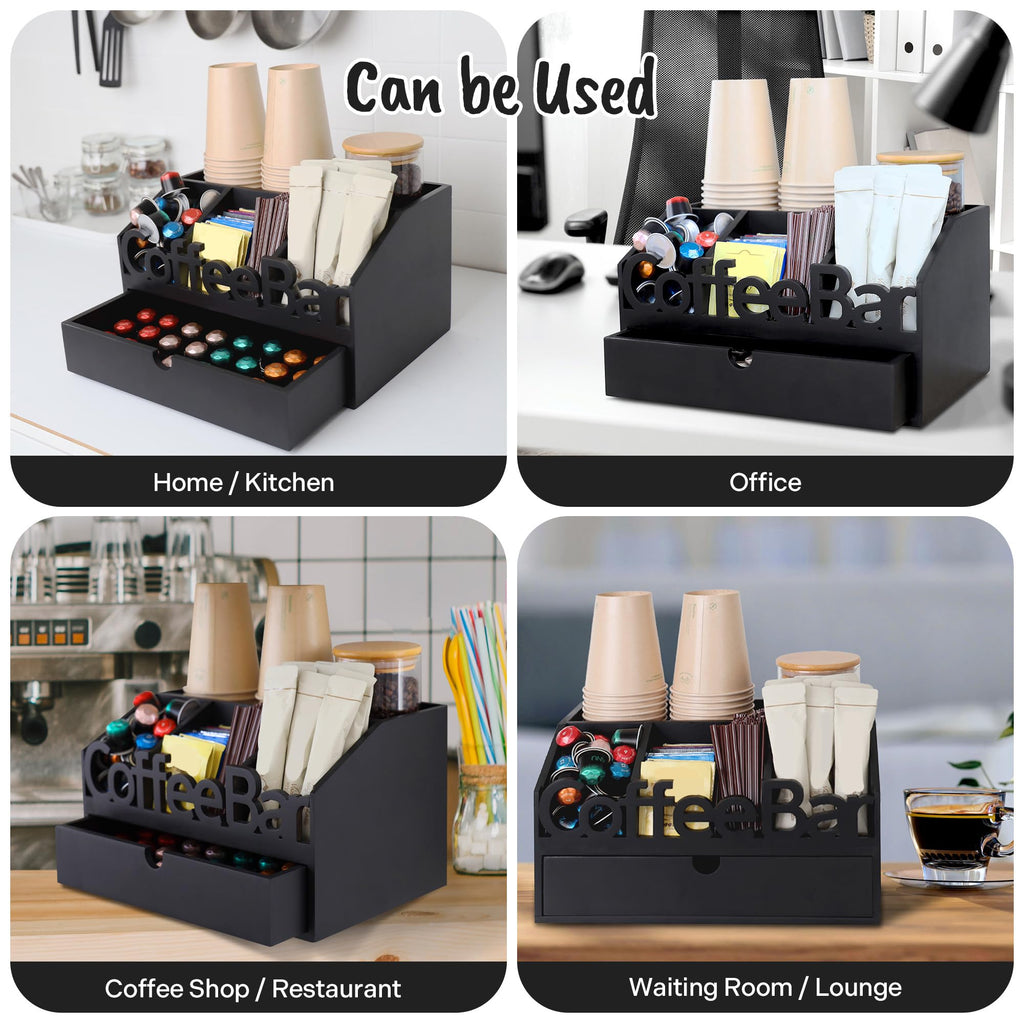 Coffee Bar Organizer Countertop, Wooden Coffee Station with Black Drawer