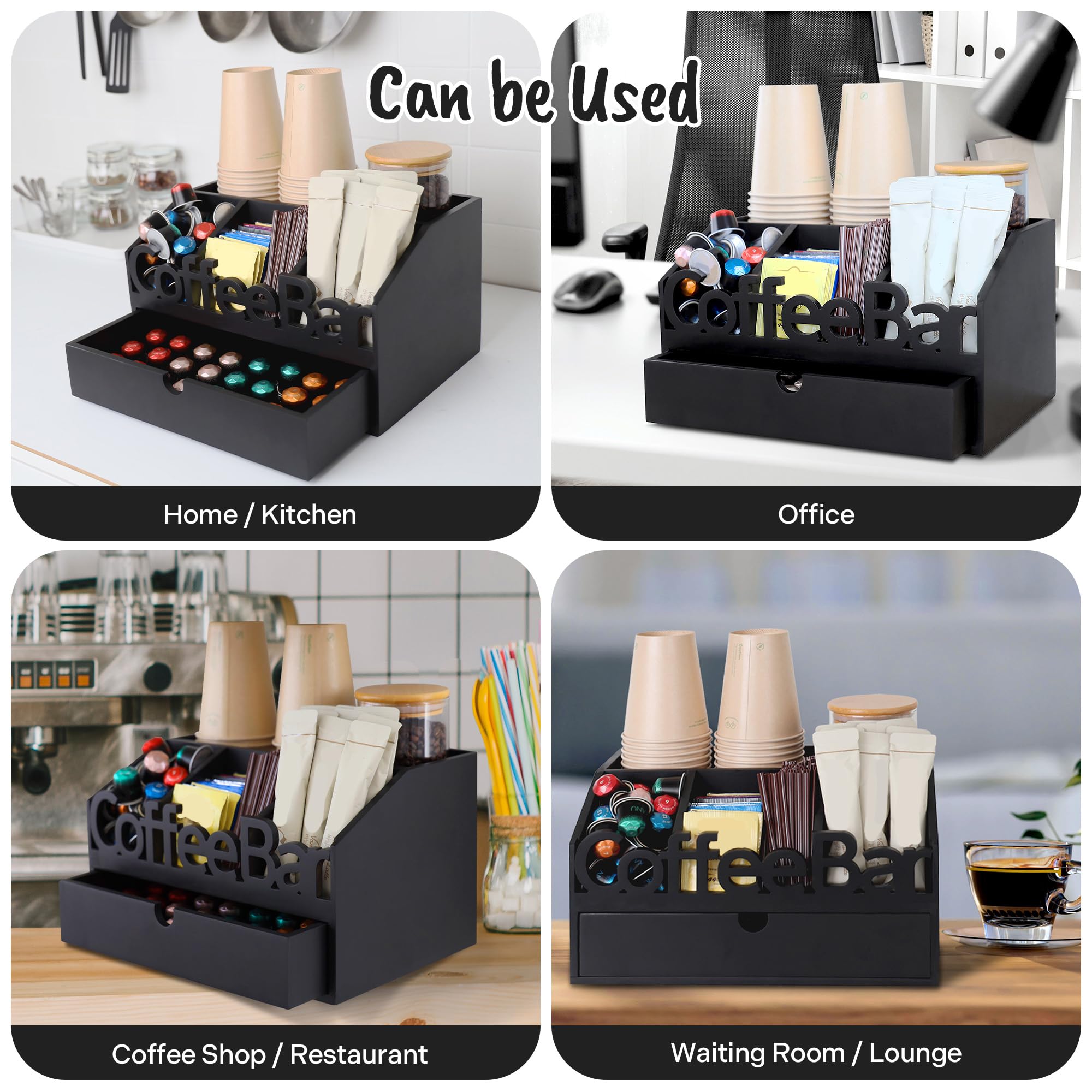 Coffee Bar Organizer Countertop, Wooden Coffee Station with Black Drawer