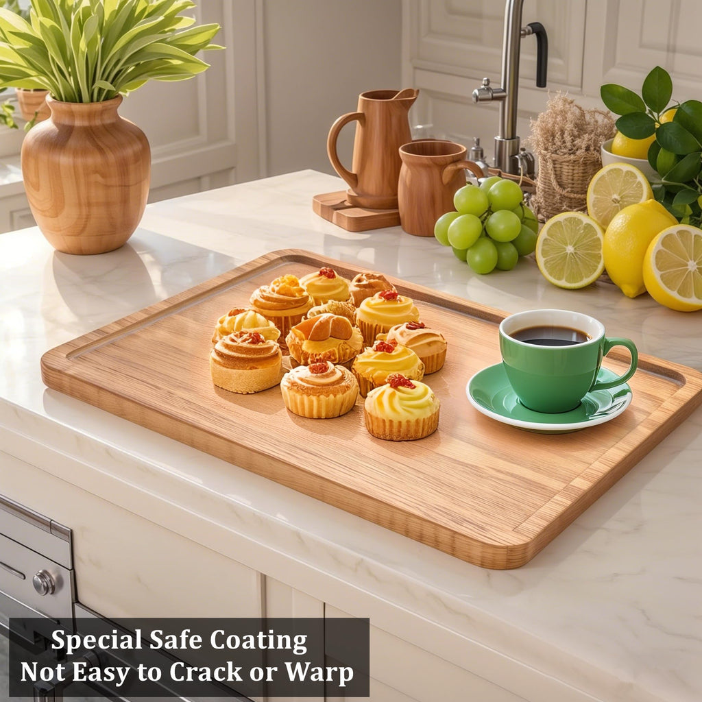Oebberru Wood Tray for Coffee Tea Extra Large Wooden Serving Tray for Food Fruit Snack Decorative Serving Platter, 17.7x13.8 Inches, Light Color