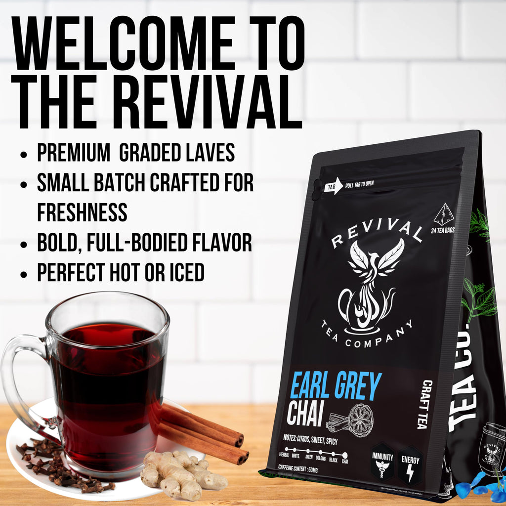 Revival Tea Company Earl Grey Chai Tea - Black Tea Blend with Fresh Spiced Chai and Bergamot Flavor - 24 Tea Bags