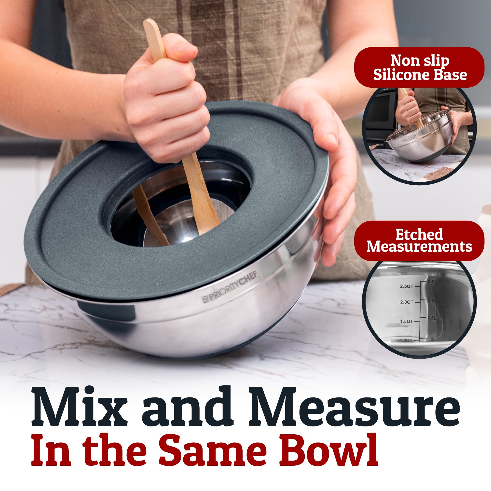 Priority Chef 6pc Stainless Steel Mixing Bowls with Lids Set, 7 Qt, Grey