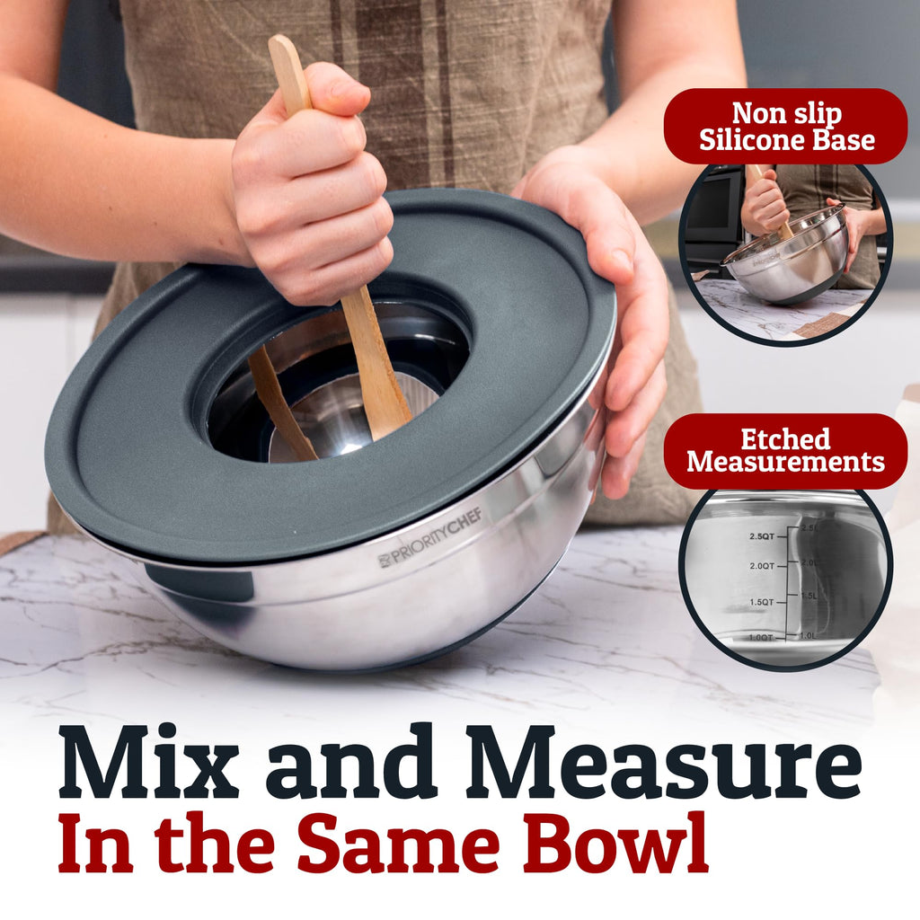 Priority Chef 6pc Stainless Steel Mixing Bowls with Lids Set, 7 Qt, Grey