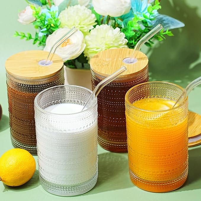 15 Oz Glass Cups with Lids and Straws, Vintage Embossed Glassware for Whiskey Cocktail Beer, Iced Coffee Cup with Lid (4 PACK)
