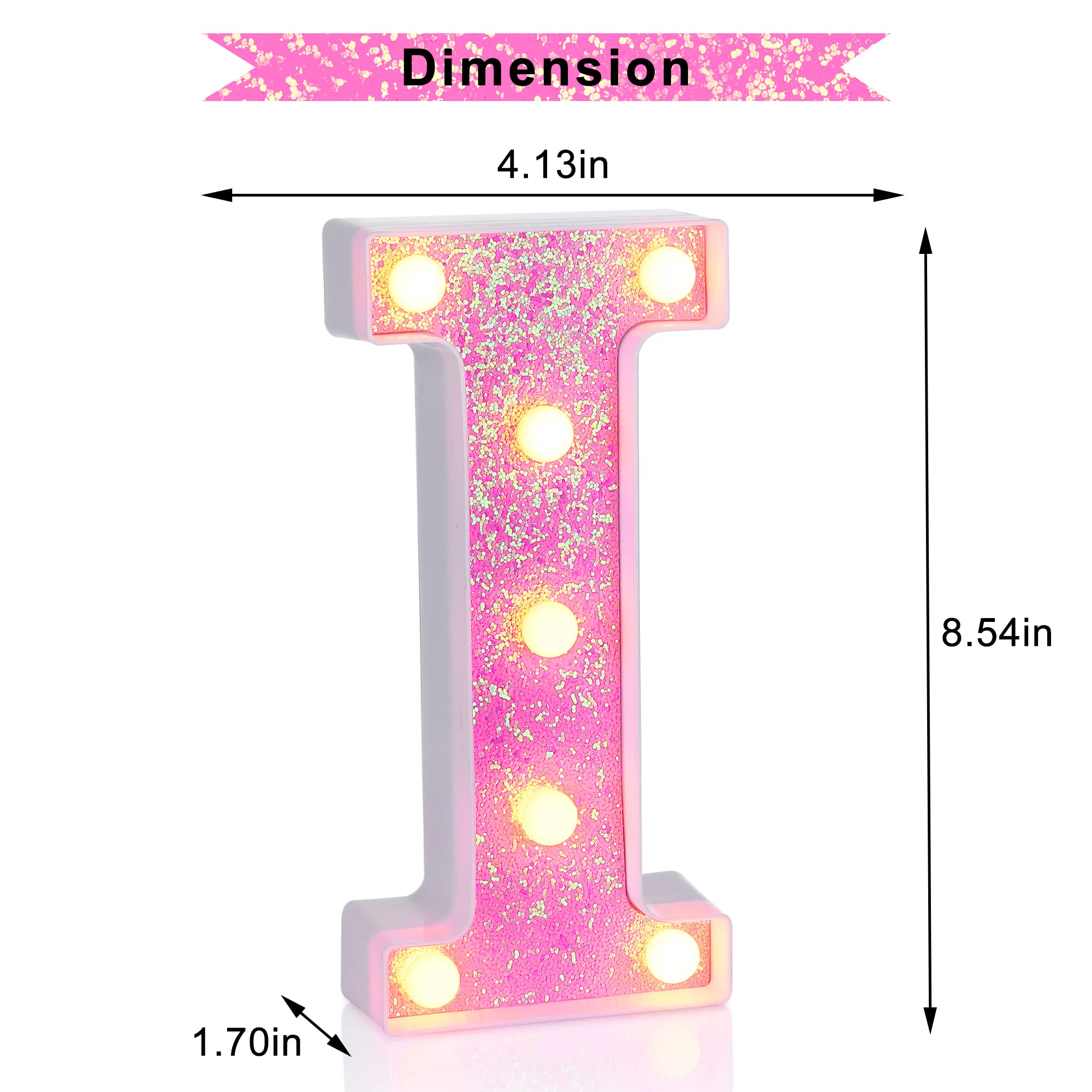 Foaky Pink Light up Letters，Pink Party Decorations,Girls Room Decor,Glitter Light Up Letters,Alphabet Letter Sign for Night Light Birthday Party Girls Gifts, Home Bar Decoration（I）