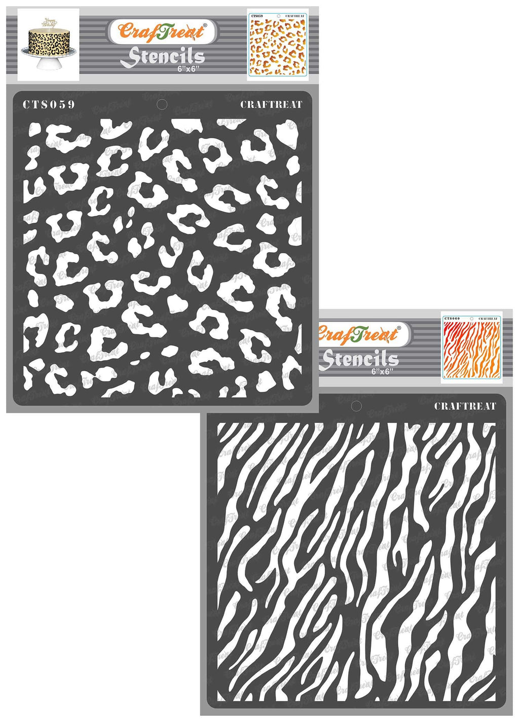 CrafTreat 2 Pcs Reusable Animal Print Stencils – Cheetah & Zebra Skin Patterns 6x6 Inch Each for Painting, Cake Decorating, and DIY Craft Projects