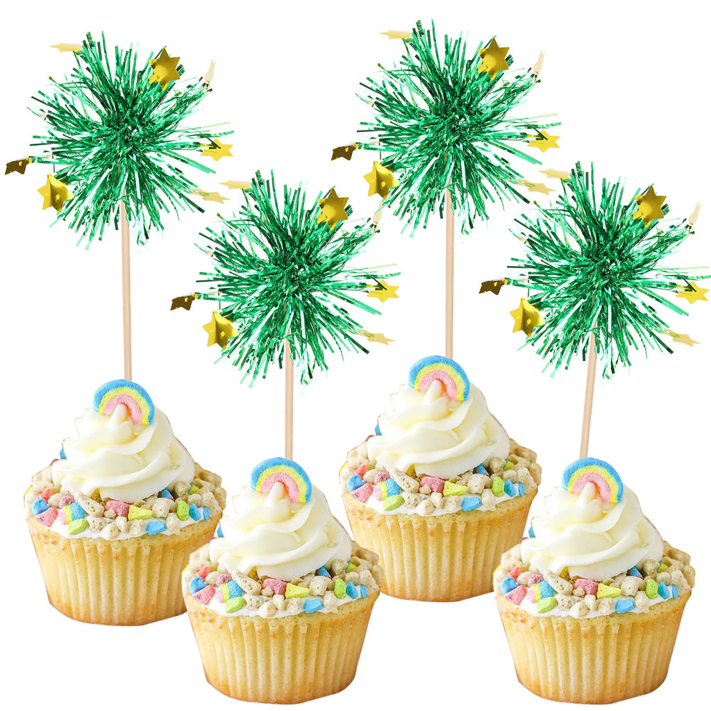 30 PCS Foil Firework Cupcake Toppers Happy Birthday Star Cupcake Picks Sparkle Tinsel Drink Stirrers Cocktail Fruit Toothpicks for Valentine's Day Wedding Birthday Party Decorations Supplies Green