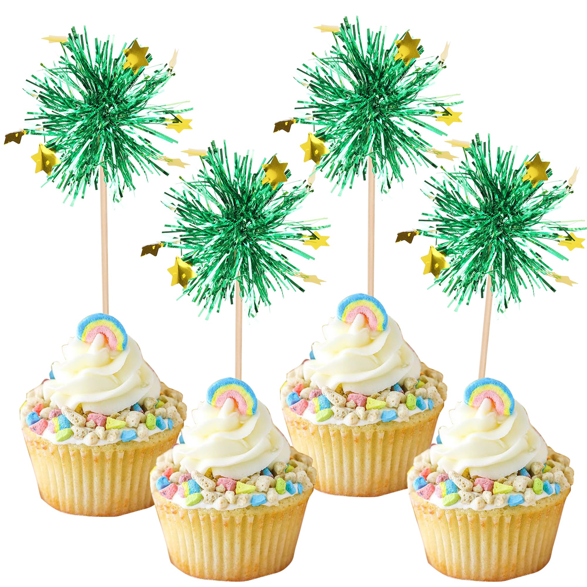 30 PCS Foil Firework Cupcake Toppers Happy Birthday Star Cupcake Picks Sparkle Tinsel Drink Stirrers Cocktail Fruit Toothpicks for Valentine's Day Wedding Birthday Party Decorations Supplies Green