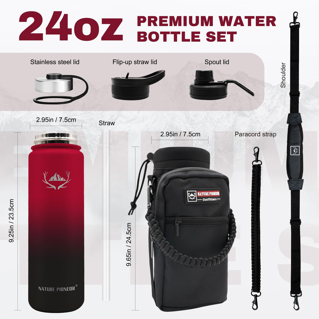 NATURE PIONEOR 24 oz Insulated Water Bottle with Carrier Bag & 3 Lids
