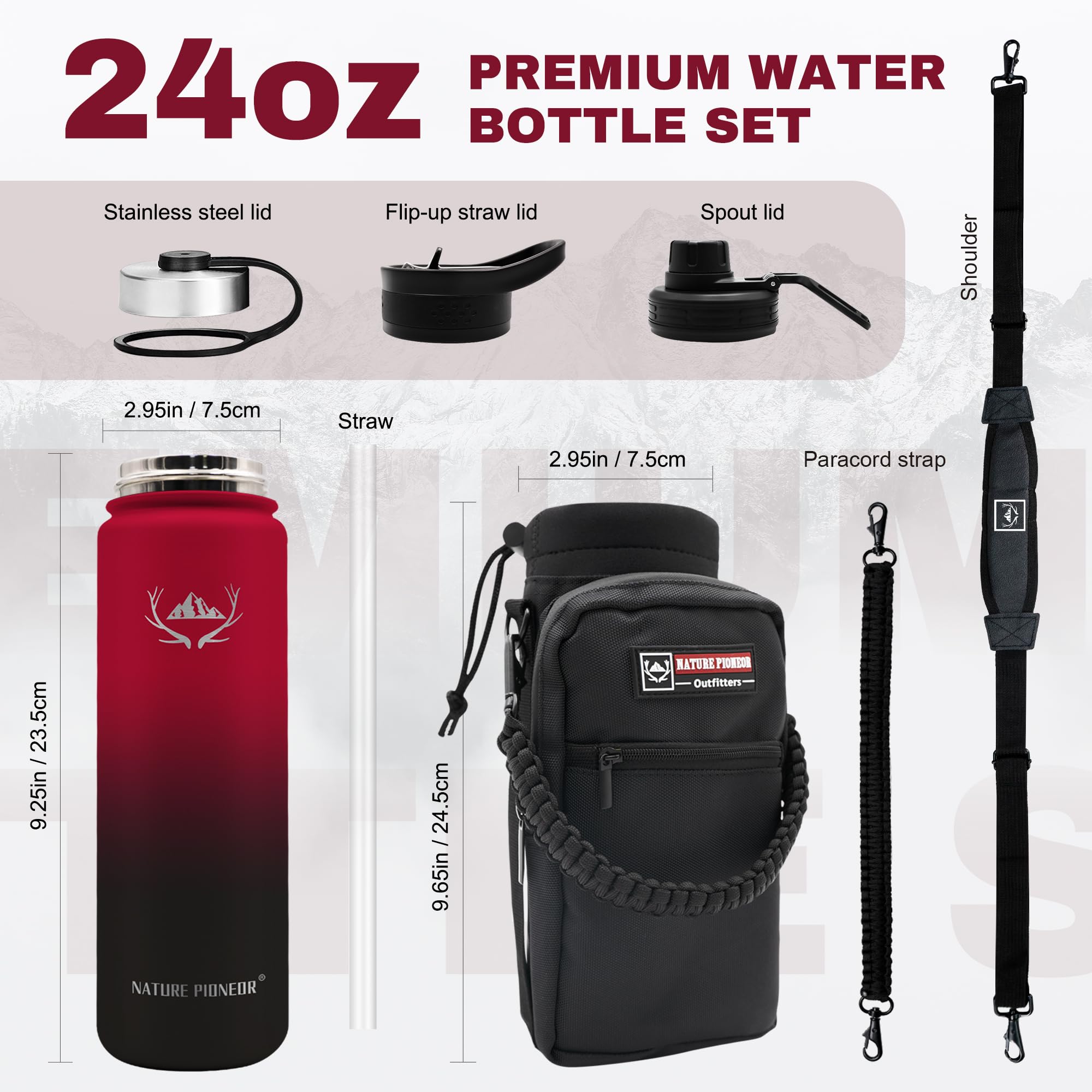 NATURE PIONEOR 24 oz Insulated Water Bottle with Carrier Bag & 3 Lids
