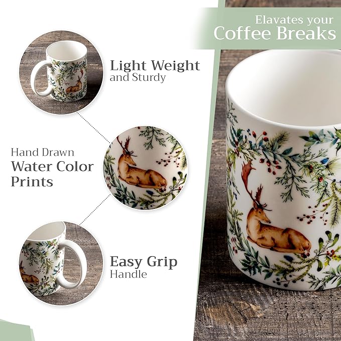 Maison d' Hermine Coffee Mug with Handles Fine Bone China Mugs Pack of One Tea Cups for Hot Beverages Cappuccino Latte Home Restaurant Office Perfect for Gift (Holly Time - Cerf, 12 Ounce)