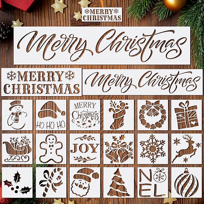 21 PCS Merry Christmas Stencils for Painting Christmas Stencils Template Plastic Reusable Template for Xmas Decor Fabric Canvas Furniture, Wall, Window, Fabric, Wood DIY Home Decor