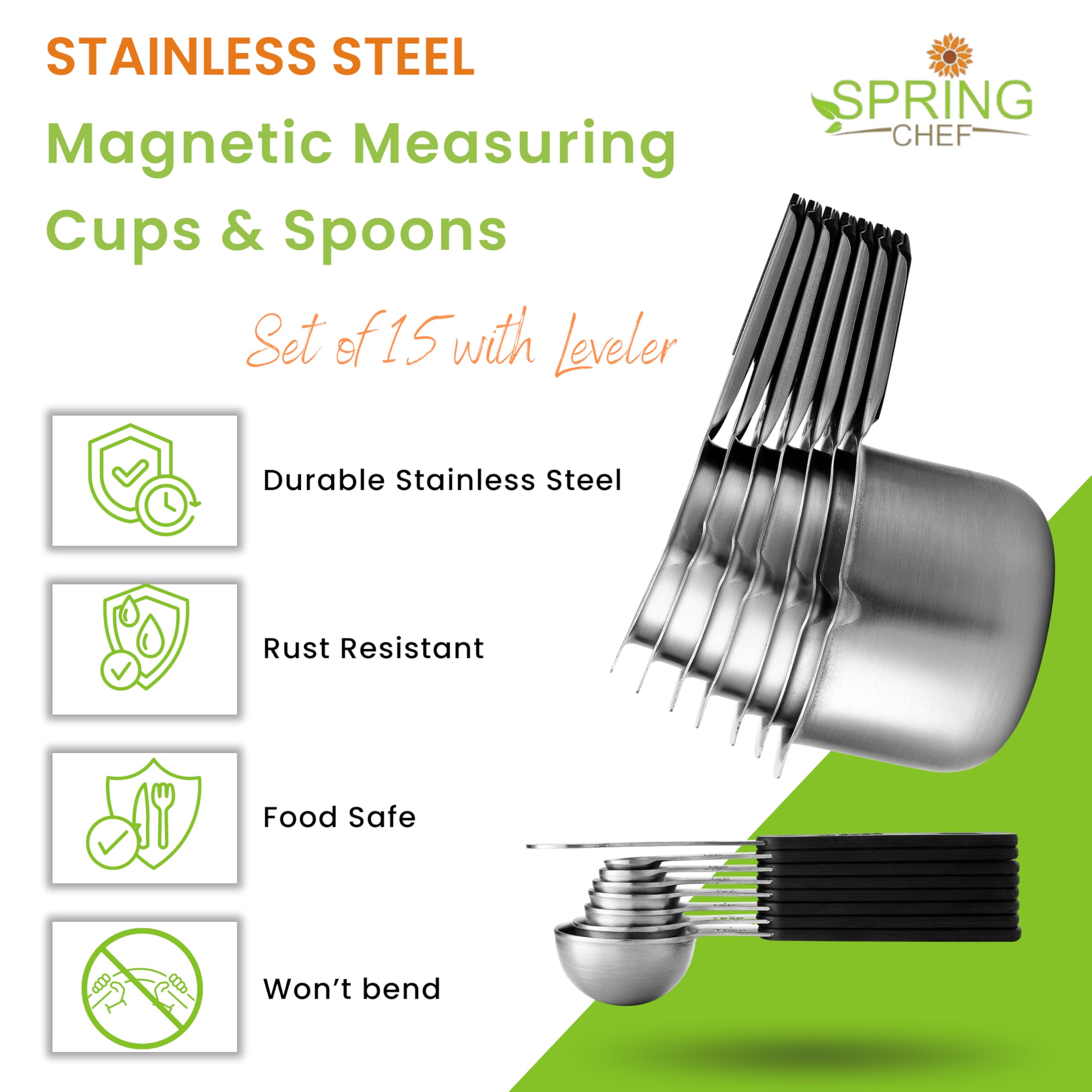 Spring Chef Magnetic Measuring Cups & Spoons Set (Patent Pending), Strong N45 Magnets, Heavy Duty Stainless Steel Fits in Spice Jars for Baking & Cooking, BPA Free, Round Set of 15 with Leveler, Black