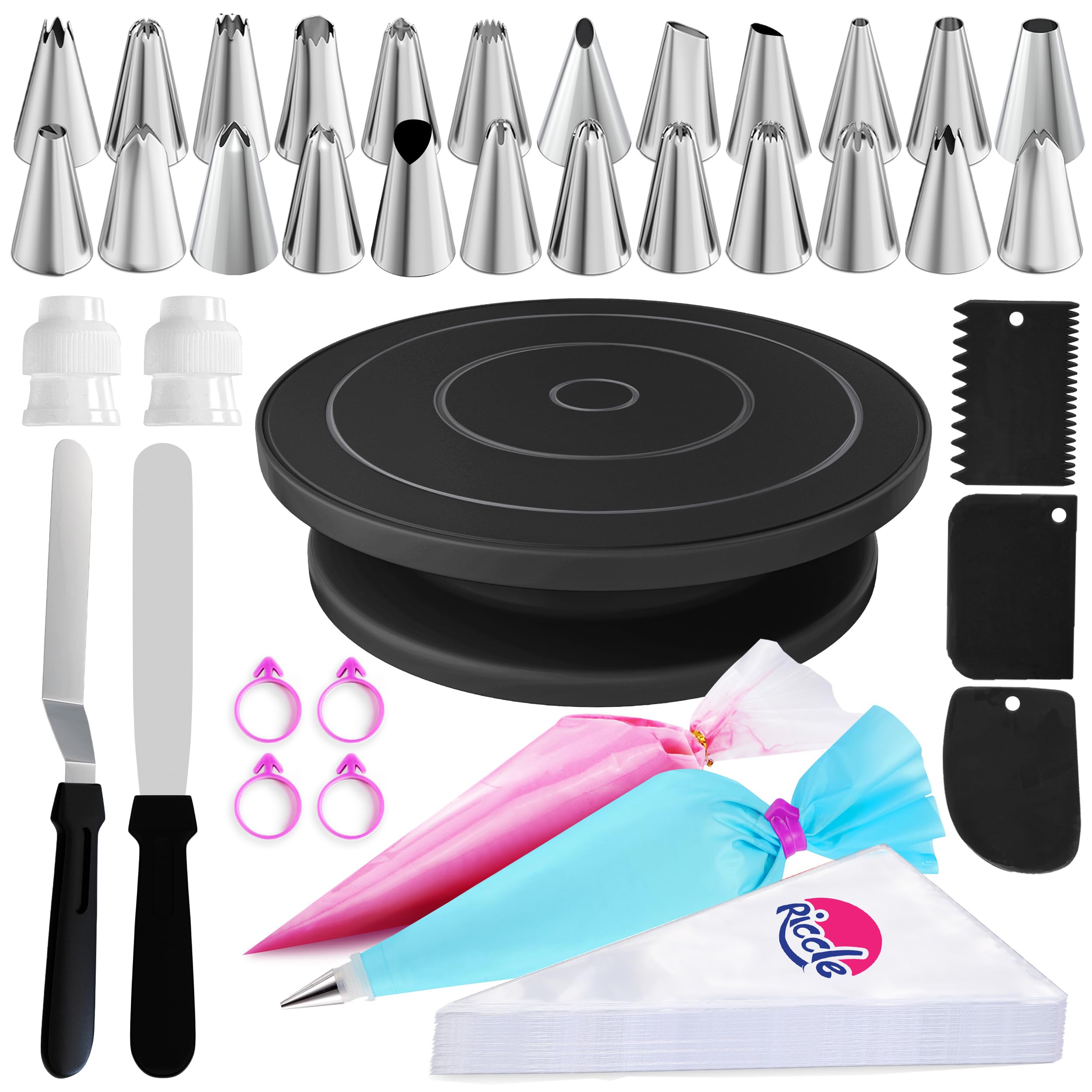 Riccle 88 pcs Cake Decorating Kit with Blue Cake Turntable - Includes 50 Disposable + 2 Reusable Piping Bags and Tips Set, 24 Icing Piping Tips, 2 Spatulas, 3 Icing Comb Scraper (Black)