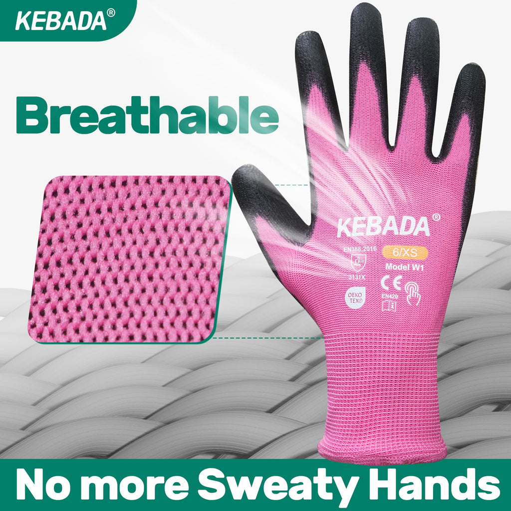Kebada W1 Safety Work Gloves Women, Touchscreen, PU Coated, 12 Pairs, Pink