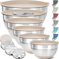 Priority Chef 6pc Stainless Steel Mixing Bowls with Lids Set, 7 Qt, Khaki
