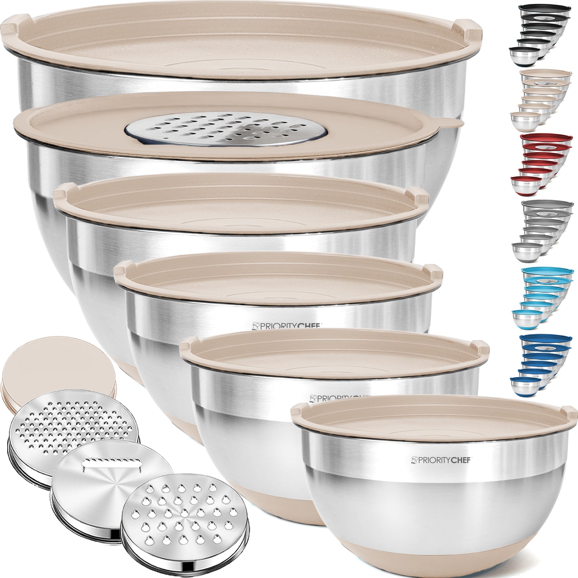 Priority Chef 6pc Stainless Steel Mixing Bowls with Lids Set, 7 Qt, Khaki