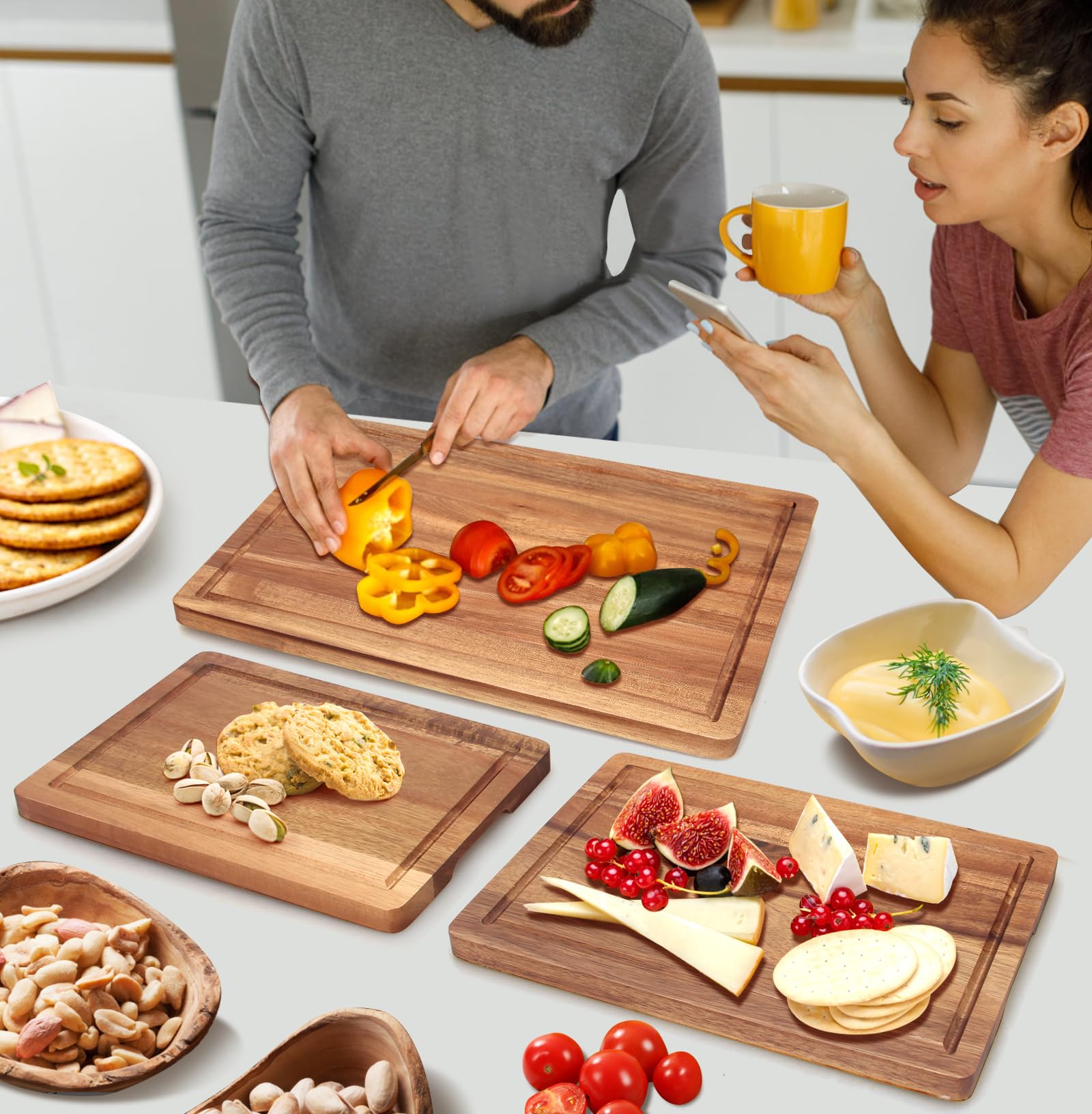 Solid Acacia Wood Cutting Board Set of 3 Wooden Charcuterie Boards Set
