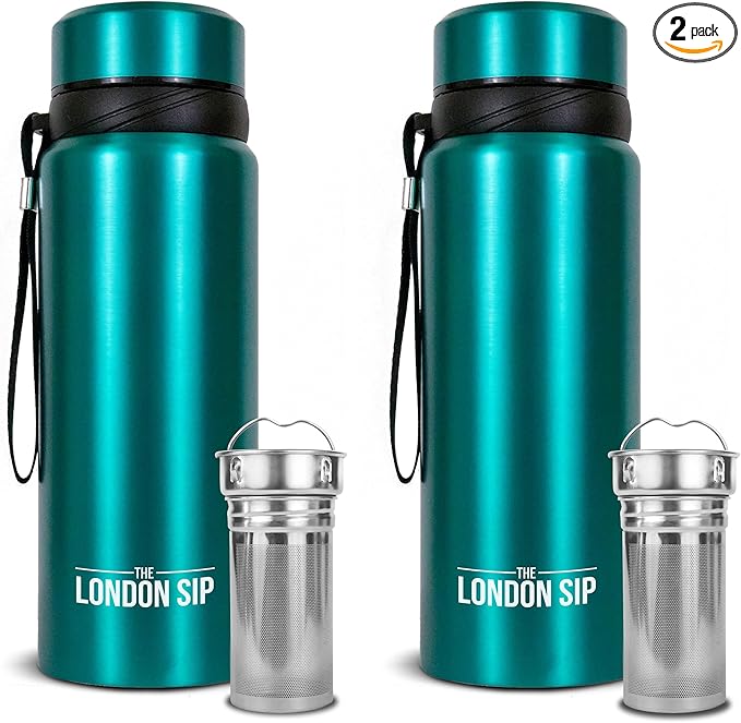 London Sip 25 oz Multi-Function Travel Mug and Tumbler Tea Infuser Water Bottle Fruit Infuser Flask Hot and Cold Double Wall Stainless Steel Coffee Thermos, Celestial Blue, Pack of 2
