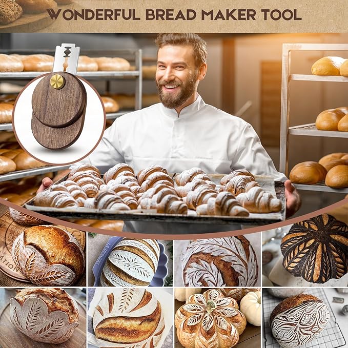 Upgraded UFO Bread Lame Dough Scoring Tool,Sourdough Scoring Tool,Black Walnut Bread Lame Cutter Scoring Knife for Bread Baking Includes 5 Replaceable Razor Blades for Bread Baking