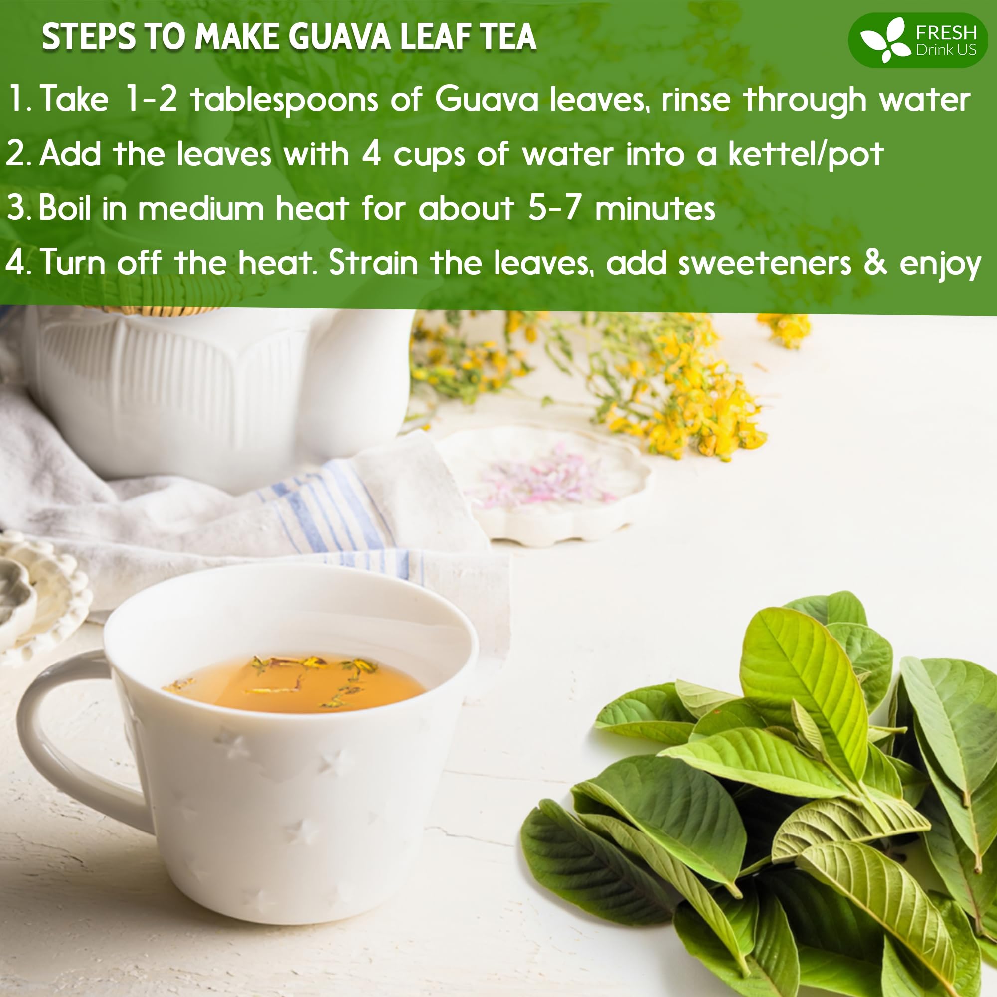 FreshDrinkUS, Premium 50+ Natural Guava Leaves, Whole Dried Leaves, 100% Pure, Natural Guava Loose Leaf Herbal Tea, Non GMO, No Additives, No Caffeine, Vegan