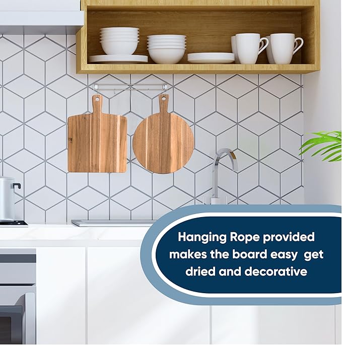 KOLWOVEN Acacia Wood Cutting Board 2 Pack with Handle, Wooden Charcuterie Board Large Paddle Carving Chopping Board Set, Serving Tray for Cheese Meat Fruit Pizza Bread Baking
