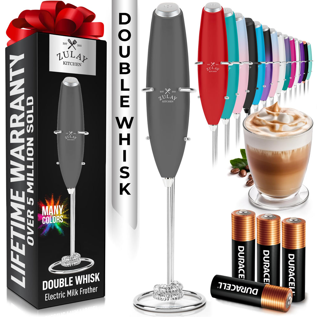 Zulay Kitchen Powerful Milk Frother Wand With Duracell Batteries - Ultra Fast Handheld Drink Mixer - Electric Whisk Foam Maker for Coffee, Lattes, Cappuccino & Matcha - Double Whisk - Charcoal