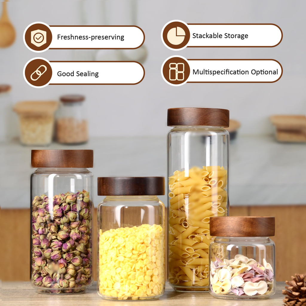 MOLADRI 40 fl oz/1200 ml Glass Jar with Airtight Wooden Screw Top Lid, Clear Stackable Food Storage Canister, Large Tall Decorative Glass Container for Coffee, Candy, Cookie, Sugar, Oatmeal, Pasta