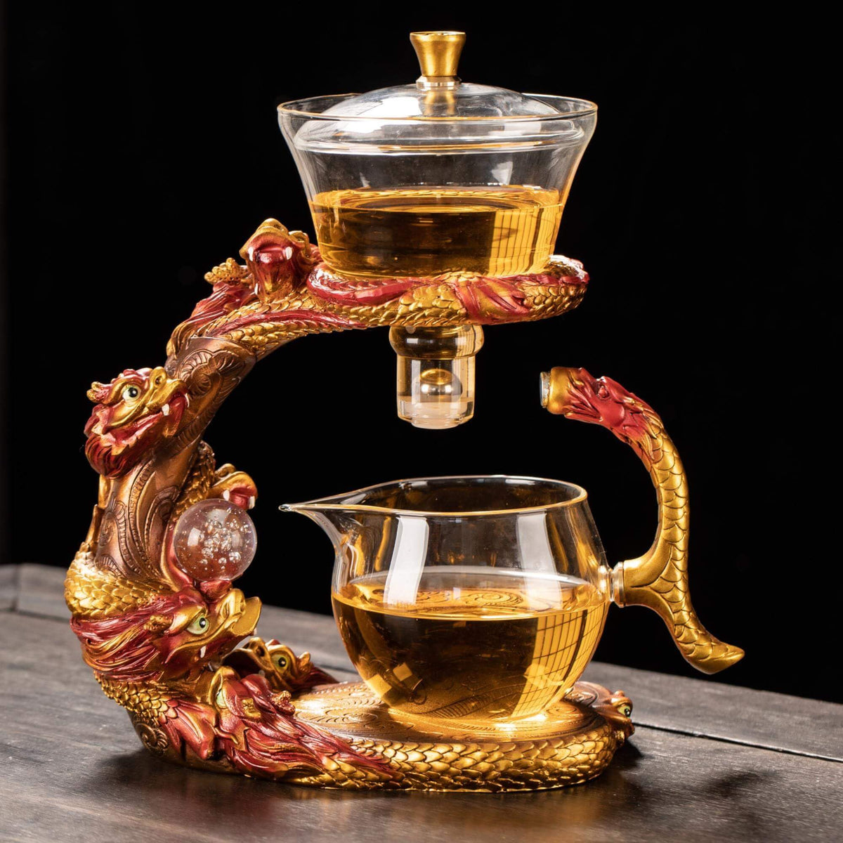 Glass Teapot Set with Infuser Semi Automatic Dragon Tea Set with 6 Small Cups (blue golden dragon-b)