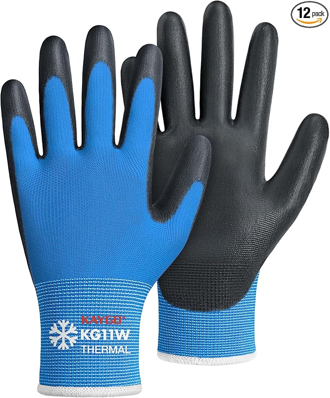 KAYGO Winter Work Gloves for Men and Women, 12 Pairs Thermal Insulated Safety Work Gloves PU Coated, Smooth Grip on Palm & Fingers,Ideal for Freezer Work,Blue,XL