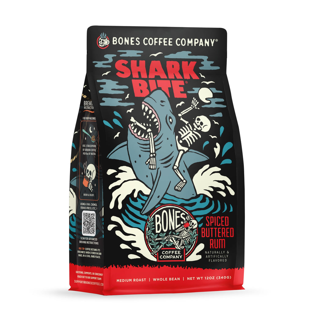 Bones Coffee Company Shark Bite, Buttered Rum Flavored Coffee, Medium Roast Low Acid Arabica Beans Compatible with Auto drip and French Press Coffee Maker, 12 Oz Whole Bean