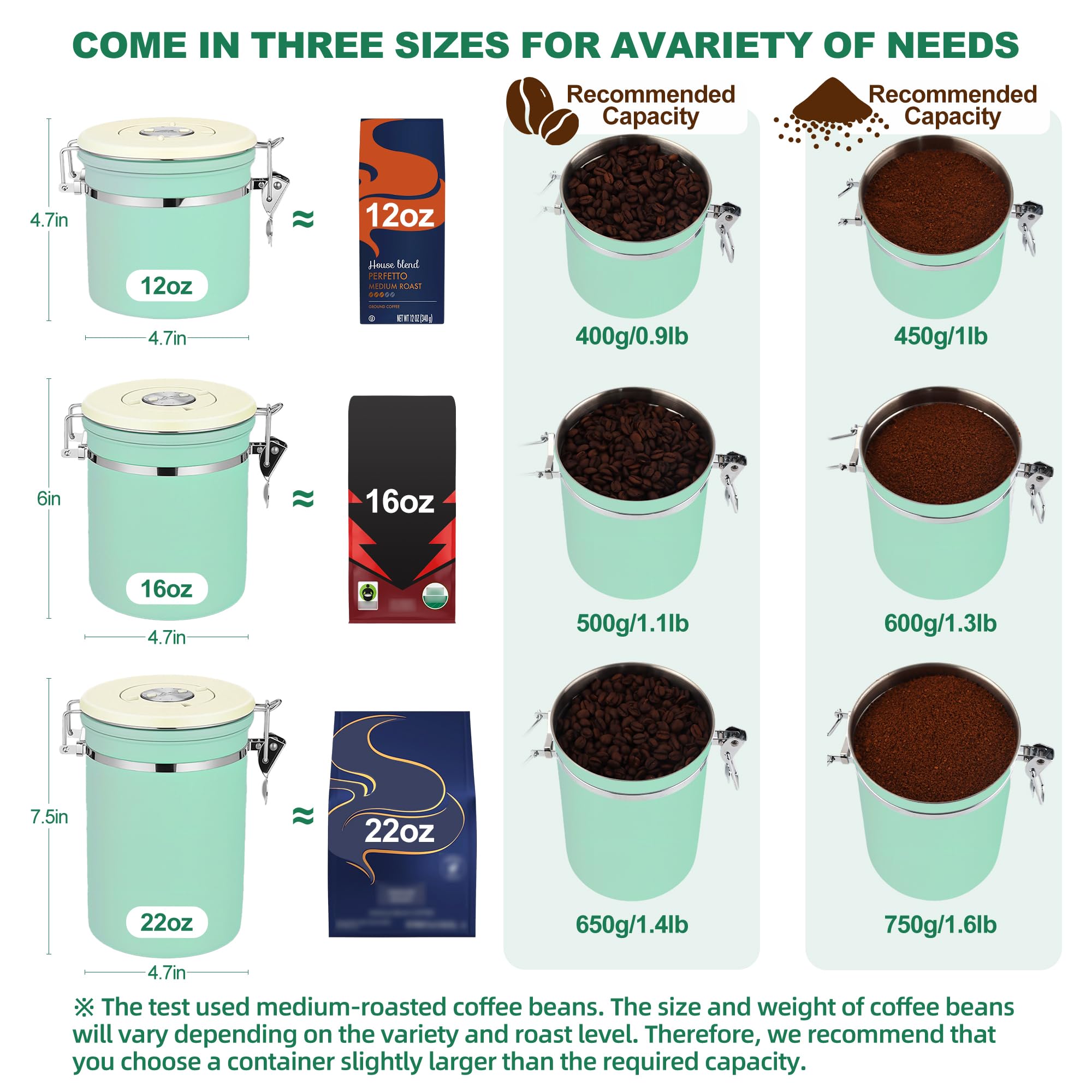 ShanSon Coffee Canister Airtight, Stainless Steel Bean Storage Container with Date Tracker & Scoop, Grounds Sugar Flour Tea Cereal Fits Kitchen Pantry, Ideal Gift for Coffee Lovers,16oz,Green