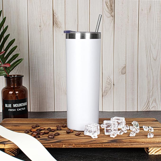 20 oz Skinny Tumblers with Lid and Straw,Stainless Steel Vacuum Insulated Tumbler Cup Double Wall Travel Coffee Mug, Thermal Water Tumbler for Hot and Cold Drinks(White,4)