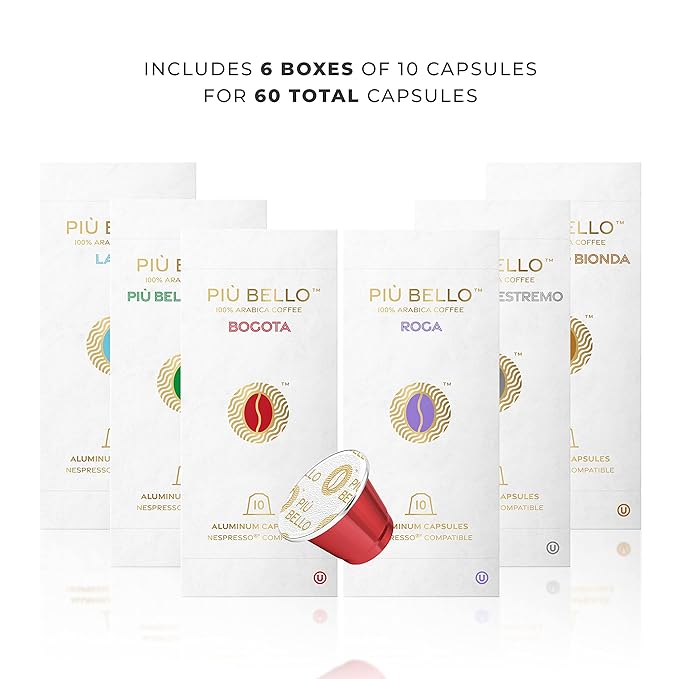 Piu Bello Espresso Coffee Pods for Nespresso Original Machines – Variety Pack – Light Roast, Dark Roast, Chocolate, Nuts, Caramel – Rich & Balanced Taste, Kosher (6-Flavor Multipack, 60 Count)