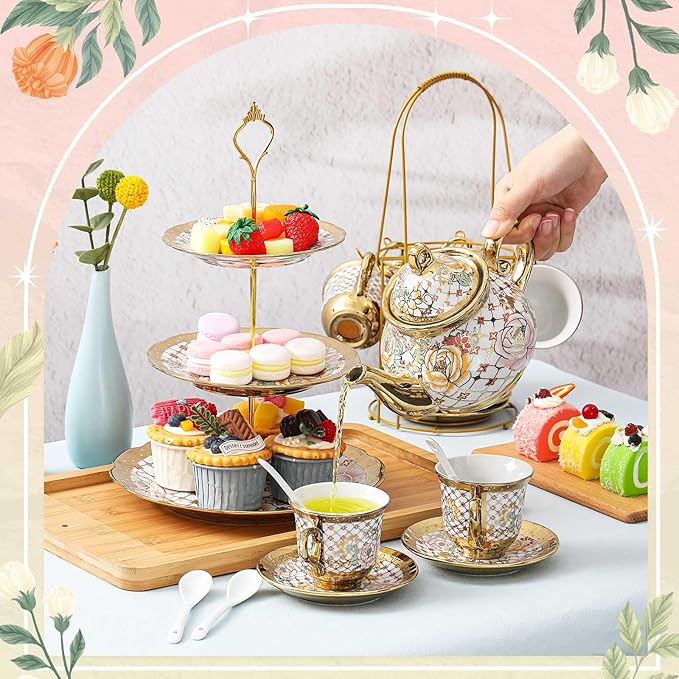 Maxcheck 21 Pcs Tea Party Set for Adults European Floral Tea Set with Metal Holder and 3 Tier Ceramic Cake Stand Porcelain Flower Cup Teapot for Dessert Cupcake(Stylish Style)