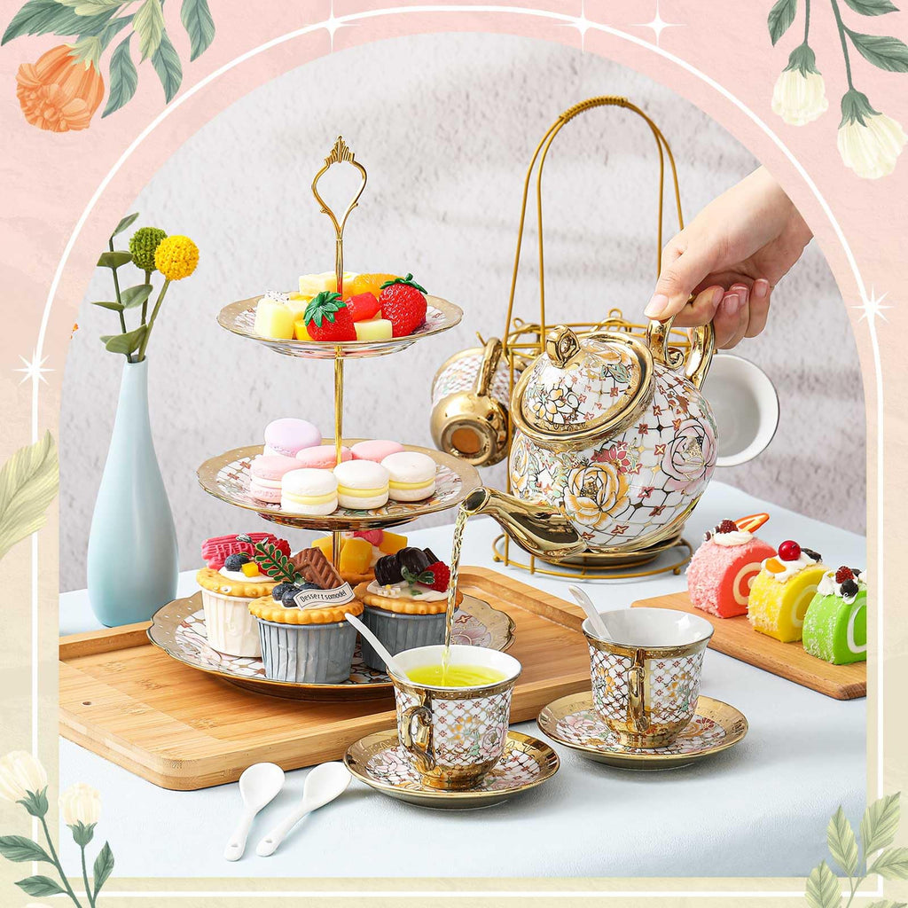 Maxcheck 21 Pcs Porcelain Tea Set for Women Tea Party with Metal Holder and 3 Tier Cake Stand Ceramic European Floral Teapot Set for Adults Mother's Day Christmas Thoughtful Gift(Stylish Style)
