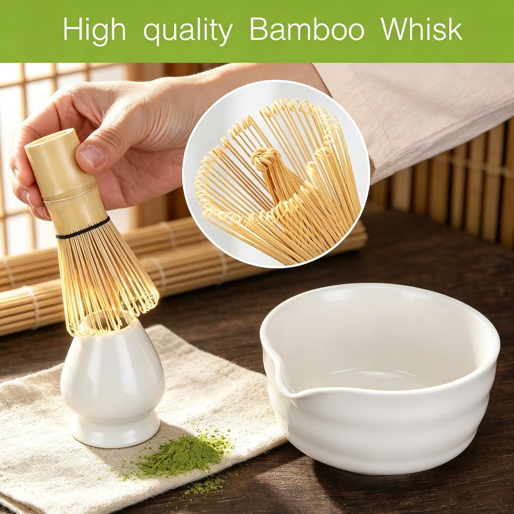 6 Pcs Matcha Set - Matcha Whisk Set & Matcha Bowl Set with Bamboo Scoop, Stainless Steel Sifter, 19 oz Ceramic Pouring Bowl, Matcha Spoon, Whisk Holder - Japanese Tea Ceremony Kit for Gifts (White)