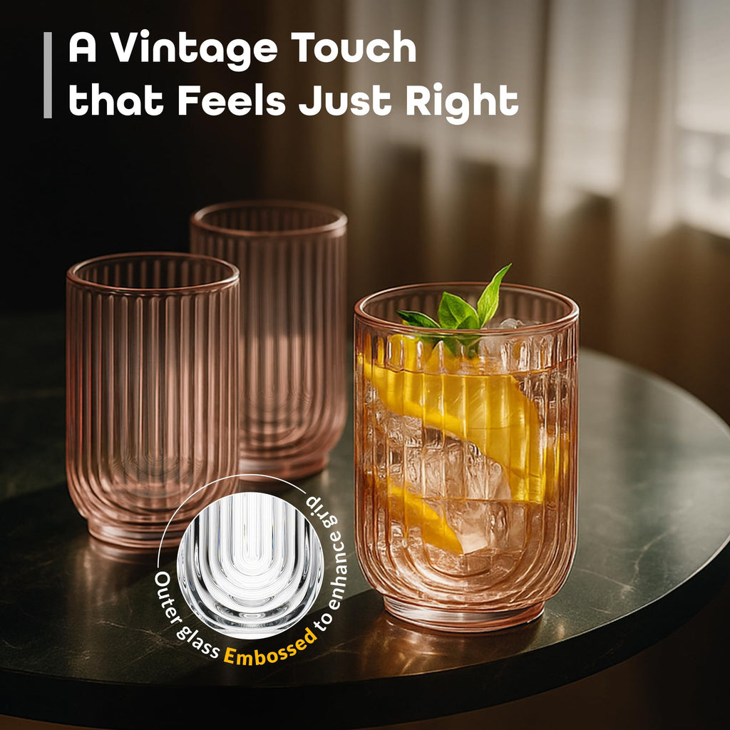 Glaver's Vintage Glassware Art Deco Glasses Ribbed Drinking Glasses U-Shape Arch Design Colored Cocktail Kitchen Tumblers Everyday Dinner Decorative Party Hand-Wash Only (Pink S/4 17oz)