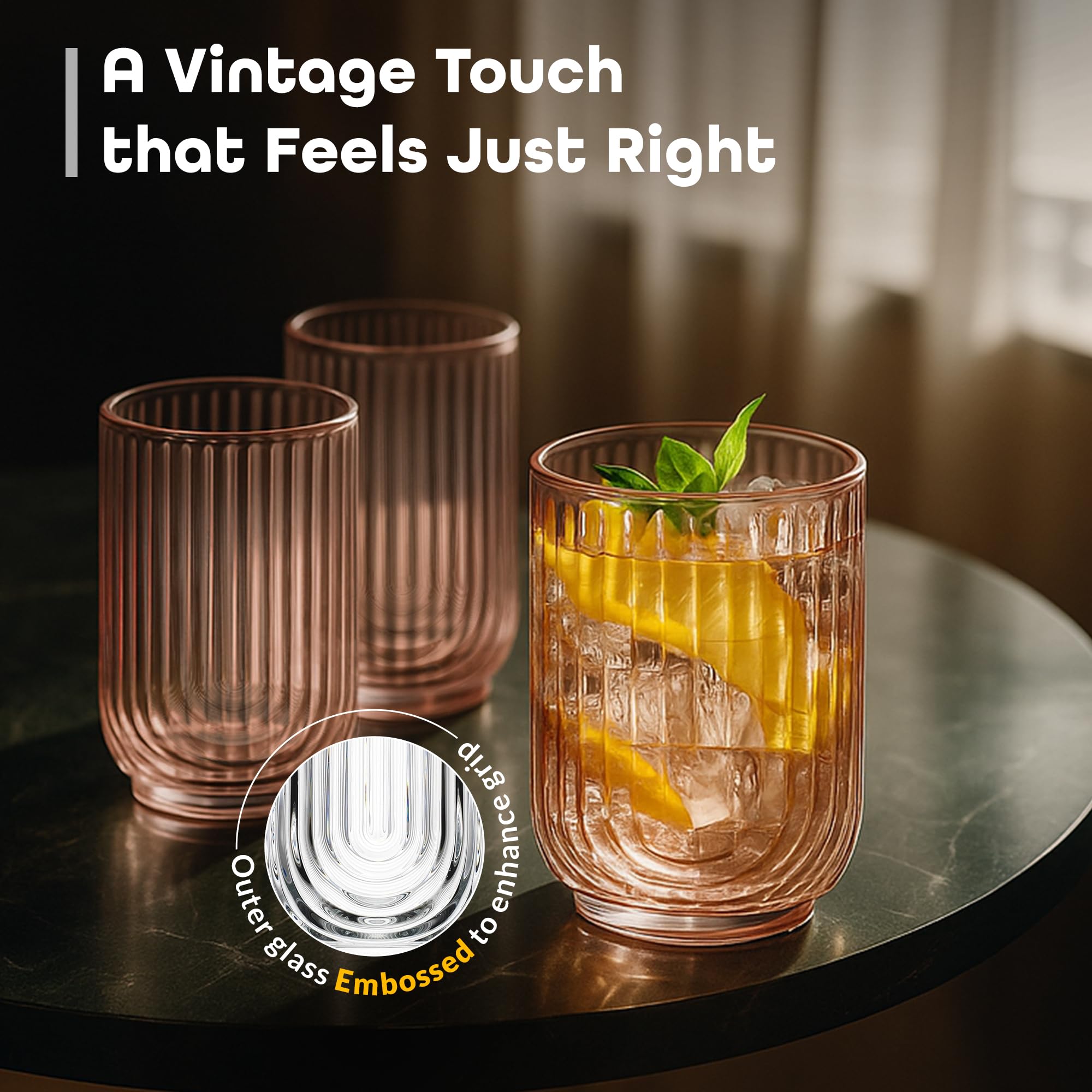 Glaver's Vintage Glassware Art Deco Glasses Ribbed Drinking Glasses U-Shape Arch Design Colored Cocktail Kitchen Tumblers Everyday Dinner Decorative Party Hand-Wash Only (Pink S/4 17oz)