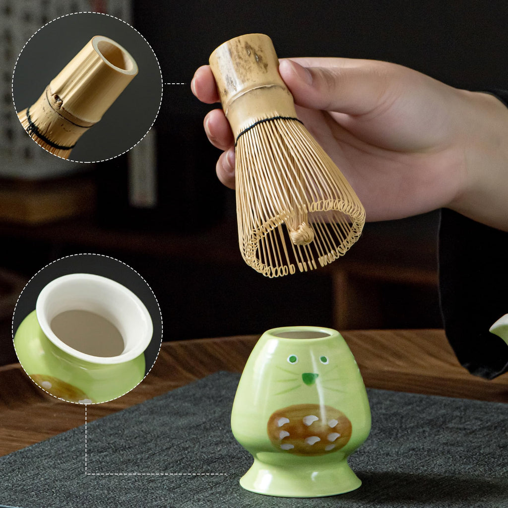 Matcha Whisk Set with Spout, Bowl & Holder, Cute Ceramic Teacups Gift - Cat