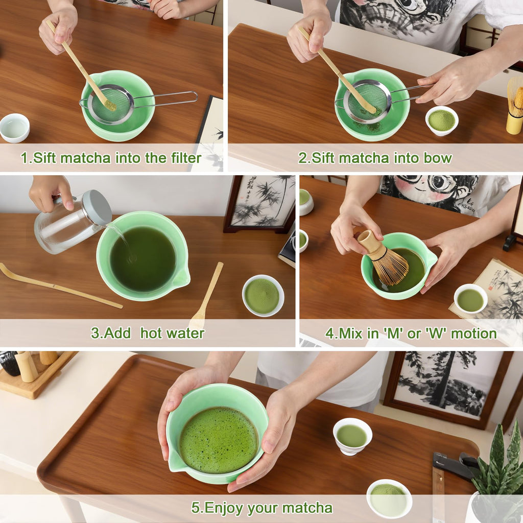PHILORN Matcha Whisk Set, 9Pcs Ceramic Macha Kit, Matcha Set Whisk and Bowl with Spout, Whisks, Holder, Bamboo Scoop, Scoop Rest, Sifter and Tea Towel for Macha Lover (Cyan)